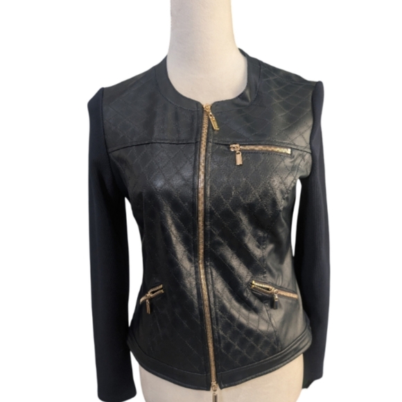 Joseph Ribkoff Black Quilted Moto Jacket Gold Zippers Size 8 - Picture 1 of 9